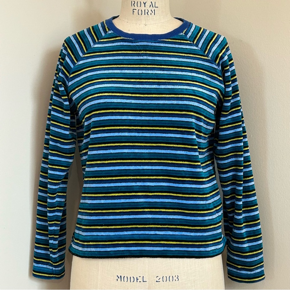 VTG 90s St John’s Bay Striped Terry Cloth Crewneck Sweater Blue Sz Petite S